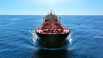 Wall Mural - Front view tracking of a chemical goods or oil tanker sailing with speed over the blue ocean