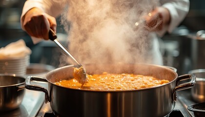 A chef stirring a pot of delicious stew, with steam rising, showcasing the art of cooking in a vibrant kitchen setting.