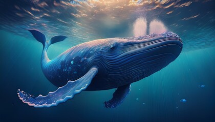 Wall Mural - blue whale in the water, art design