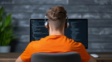 A focused programmer in an orange shirt, wearing headphones while coding on a computer in a modern workspace.