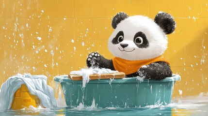  Cute panda washing clothes in tub with playful expression, creating a fun and joyful scene filled with splashes and bubbles.