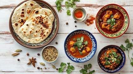 Poster - Indian curry with flatbread and spices on a white wooden background.