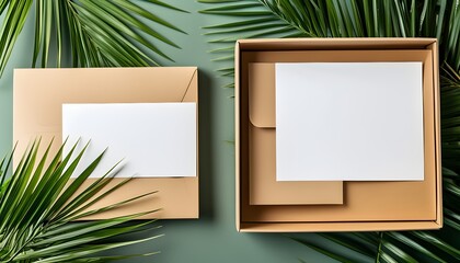 Tropical palm inspired flat lay featuring box, envelope, and white paper for a fresh nature-themed mockup