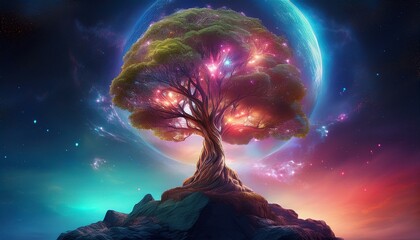 Wall Mural - Cosmic nebula growing gigantic tree, growing on asteroid, Tree of Life, Art Design