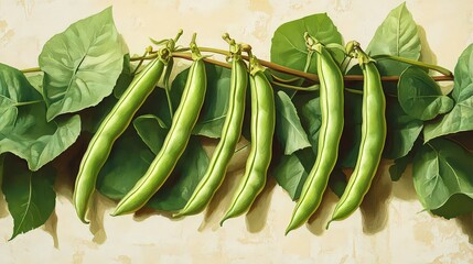 Wall Mural -  Fresh green beans hang from vine, showcasing natural growth, simplicity, and connection to nature in healthy farming.