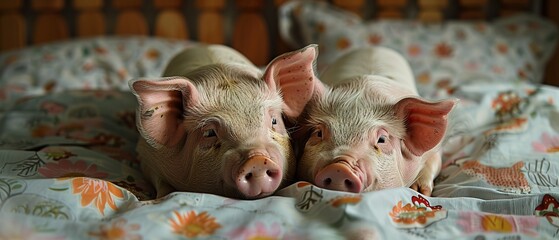 Two pigs rest on a bed together