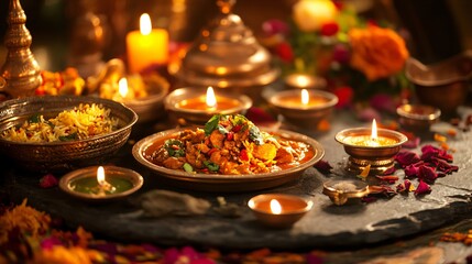 Wall Mural - Indian food and candles on a dark background with petals.