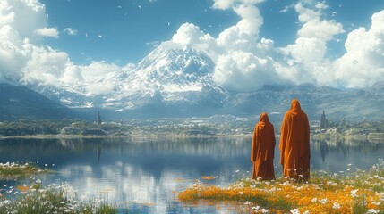 Two figures in orange robes by a serene lake with mountains.