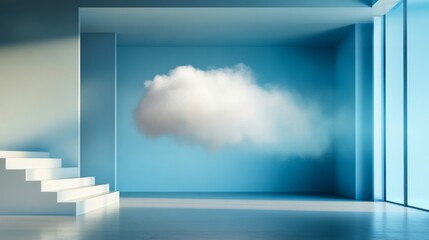 cloud in the center of an empty room, floating above two steps on one side of it