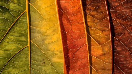 Autumn leaves transitioning through different colors from green to vibrant reds and oranges, fall season, nature wallpaper