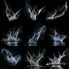 Fototapete - Water splashes are captured in a studio setting against a dark background, showcasing the intricate details and dynamic movement of the liquid.