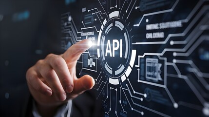 businessman pressing virtual button API, application programming interface. cloud computing concept, cloud technology, Saas, Paas, Iaas. AWS Services