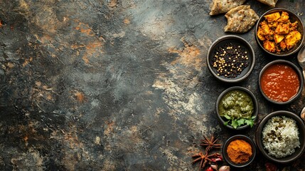 Wall Mural - Indian food ingredients arranged on a dark rustic background.