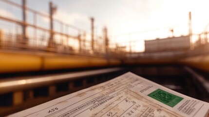 Close-up of a document with industrial pipelines blurred in the background, highlighting the connection between paperwork and industrial processes.