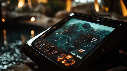 Close-up of a high-tech touchscreen displaying a digital interface in a dimly lit environment, blending technology with ambient lighting.