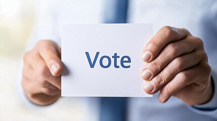 A person holding a card displaying the word 'Vote', symbolizing civic engagement and participation in the democratic process.