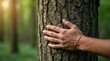 © vitanovski - Hand touching tree trunk in forest promoting environmental care