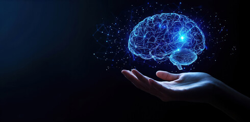 Human holding digital hologram of human brain in palm