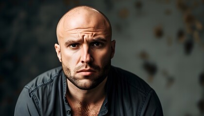 Stressed Bald Man in Studio Setting Reflecting on Hair Loss