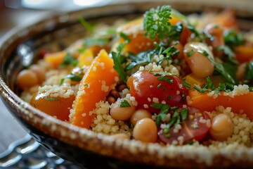 Wall Mural - A bowl of food on a table with tomatoes, orange vegetables, herbs, and a few beans