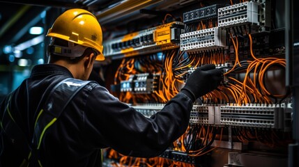 Engineer in safety gear operating an advanced industrial control panel with multiple screens