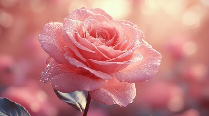 A close-up of a pink rose covered in morning dew surrounded by soft, blurred floral background during a sunny day