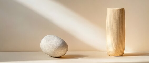 composition featuring two contrasting objects, including one wooden block and an organic stone object