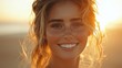 © Рудой Максим - A young woman with curly hair smiles brightly at sunset on a beach, capturing the warmth of the moment