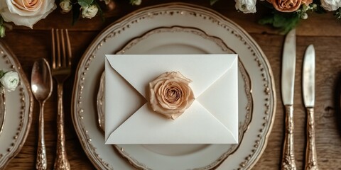 a wedding envelope, viewed from above, on a wedding table