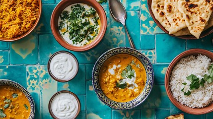 Wall Mural - Indian food with rice, curry, and flatbread served on a blue tiled table.