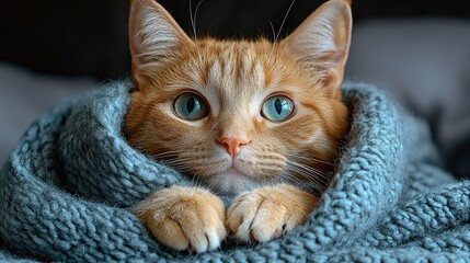 Sticker - A cozy ginger cat wrapped in a soft blue blanket resting peacefully indoors with bright, curious eyes