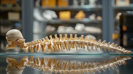 A complete human spine skeleton model is displayed on a glass table, reflecting its intricate structure beautifully. This model includes the cervical, thoracic, lumbar spine, and sacrum