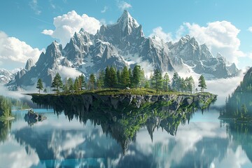 Poster - Floating Island with Mountain Reflection