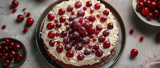 Wall Mural - Top view of an appetizing cake with cream and cherry berries