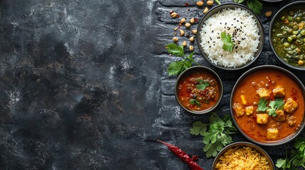 Wall Mural - Indian food, rice, curry, and spices on a black textured background.