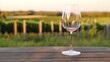 © Larisa - Empty wine glass on wood with vineyard backdrop