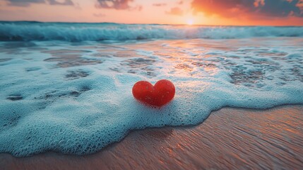 Red heart shaped object resting on sandy beach near ocean waves during vibrant sunset