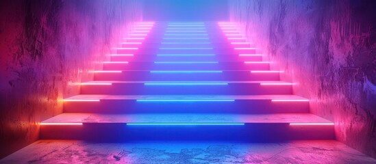 Wall Mural - Glowing Futuristic Neon Staircase Leading to Mysterious Pastel Corridor   Surreal 3D Rendering of a Bright Vibrant and Atmospheric Science Fiction Inspired Architectural Scene