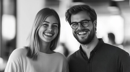 grayscale image of two european people, couple  smiling together in a bright and modern office environment. 