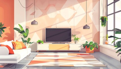 Wall Mural - Contemporary living room, cushions and TV, flat design illustration