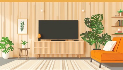 Wall Mural - Contemporary living room, cushions and TV, flat design illustration