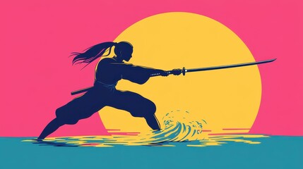 Poster - A graceful girl wielding a katana in a sleek silhouette, poised to slice through the air, creating a shimmering water spiral.