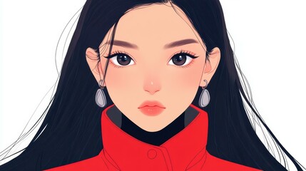 Sticker - Vibrant anime art of a young woman with long black hair, dressed in a red jacket, and bold accessories.