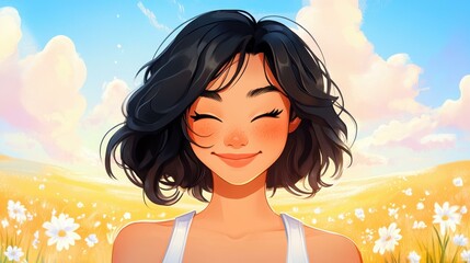 Poster - A vibrant anime character smiles brightly while gazing at the camera, capturing the warmth of a stunning sunrise.