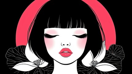 Poster - Stunning portrait of a girl in anime style, framed by a serene circle with a lotus flower and sleek black leaves.