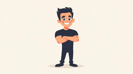 Wall Mural - a lively cartoon caricature of a joyful man in a black tshirt against a simple, clean background, ra