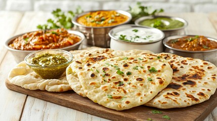 Wall Mural - Naan bread on a wooden board with bowls of Indian dishes.