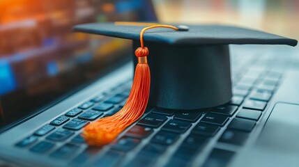 E-learning and online graduate certificate programs offer remote learning opportunities via cyber or internet. The concept is represented by a black graduation cap