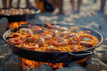 Seafood paella in a frying pan on the beach