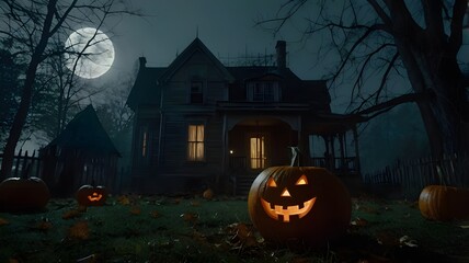  A glowing pumpkin with sharp, sinister carvings illuminating the yard of a spooky house beneath a large, misty moon --ar 3:2 --v 4